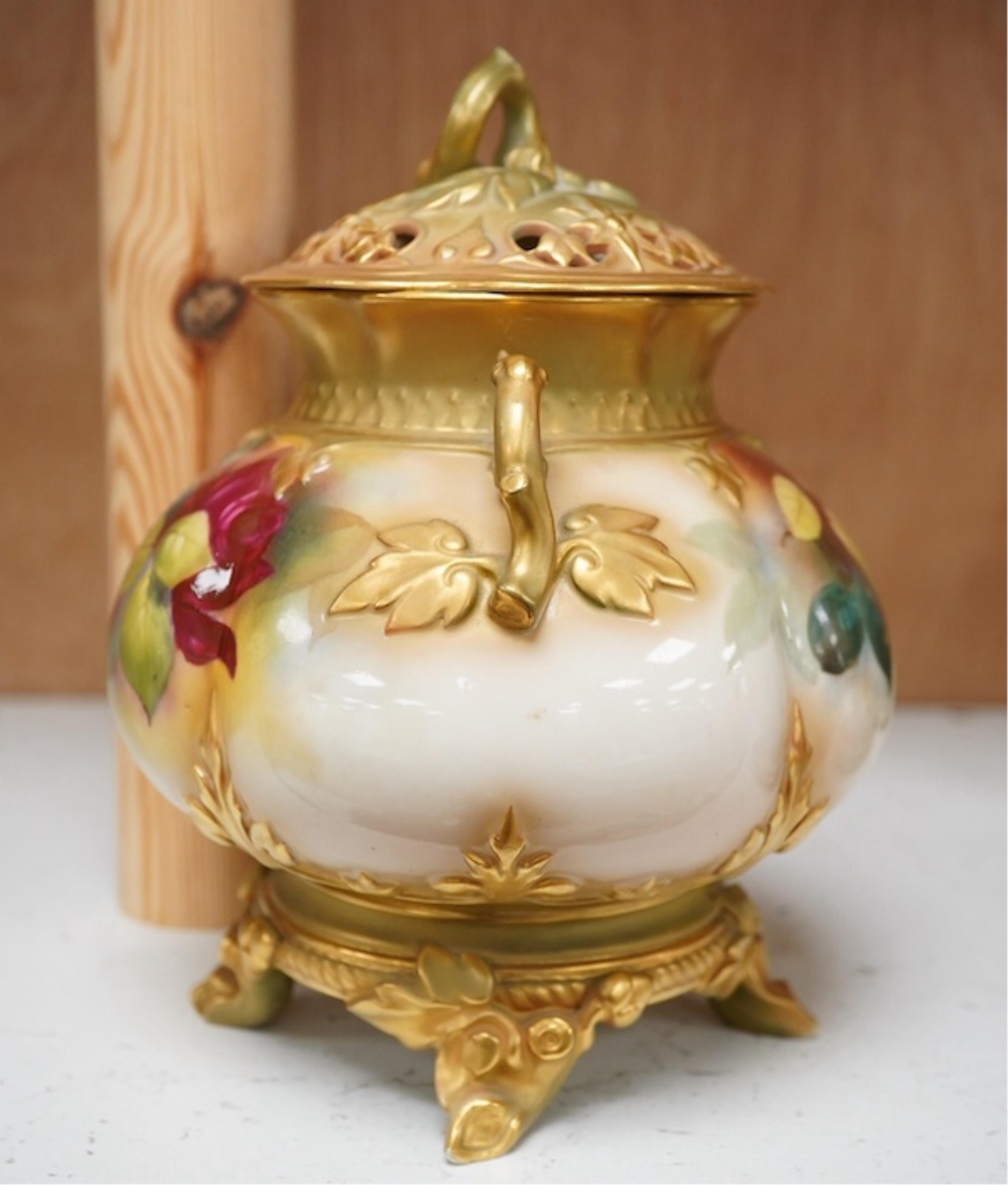 A Royal Worcester rose decorated pot pourri, 19cm high. Condition - handle to cover damaged